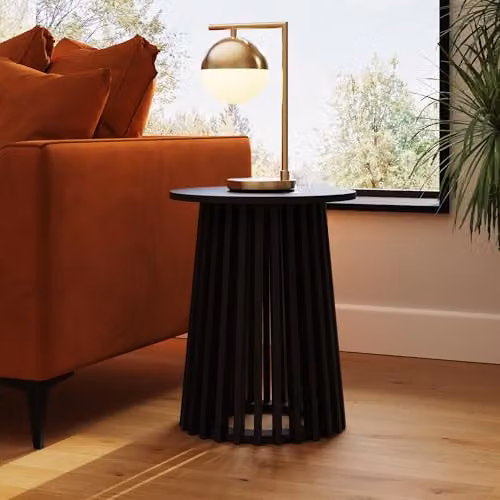 GFW Kaleb Round Side Table with Slatted Base in Black or Walnut Finish, W/D/H: 40 x 40 x 50 cm