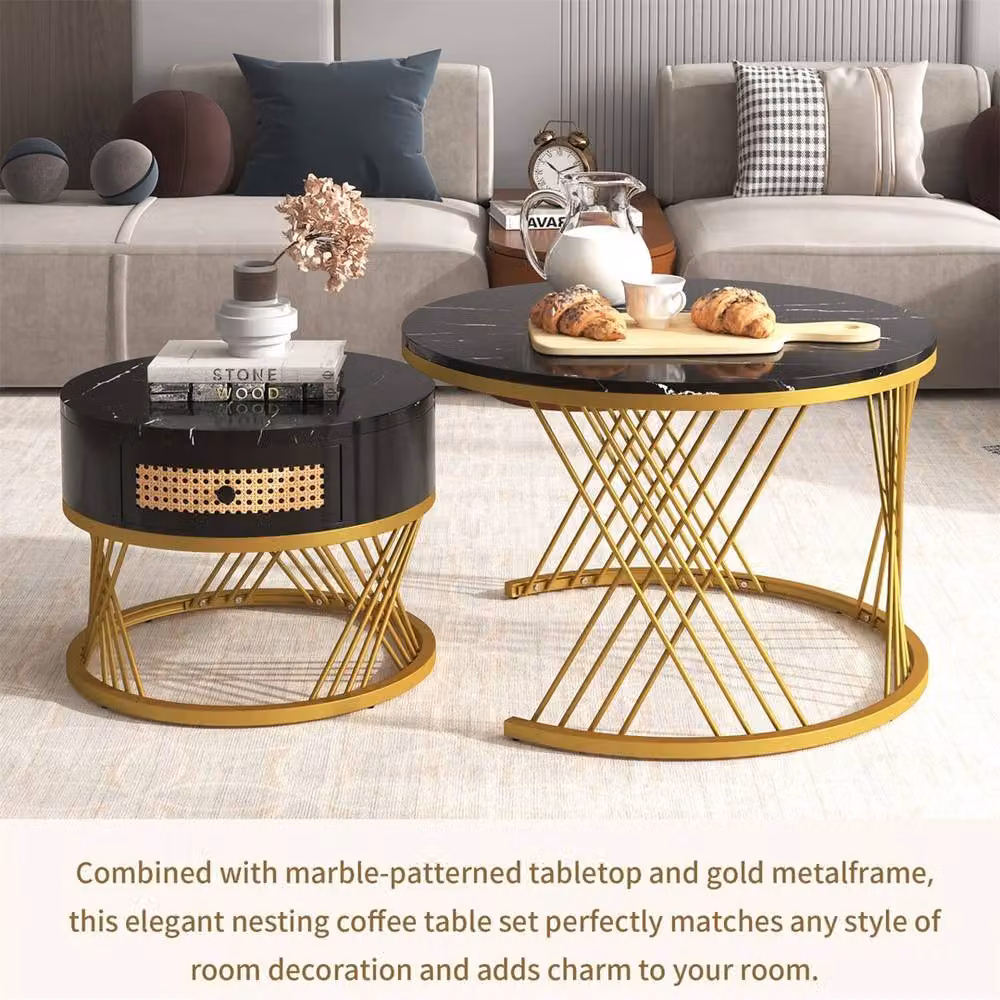 VOGREX Nesting Coffee and Side Table Set of 2 with Black Marble Tops and Gold Metal Frames, Round – 4