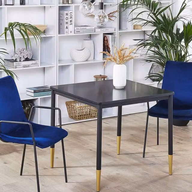 Wyld and Coco Glamour Square Dining Table, Black MDF with Gold Metal Legs, W: 80 cm, D: 80 cm, H: 80 cm