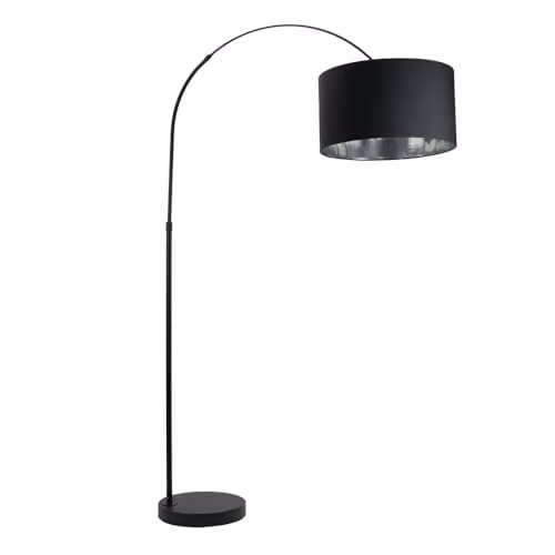 ValueLights Louis Black Arched Floor Lamp with Chrome and Fabric Shade, H 180 cm x W 45 cm x D 45 cm – 1