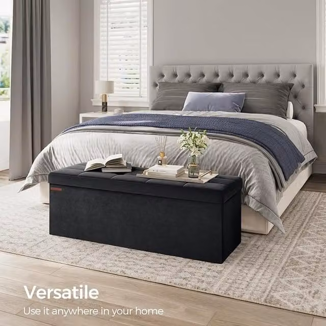 SONGMICS Foldable Small Storage Ottoman Foot Rest in Black Velvet Fabric