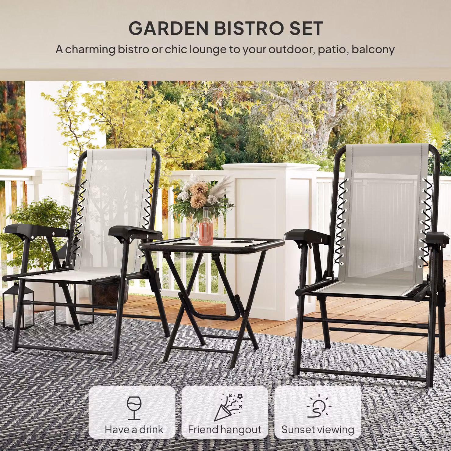 Outsunny Three-Piece Modern Garden Table and Chair Set with Glass Top in White – 4