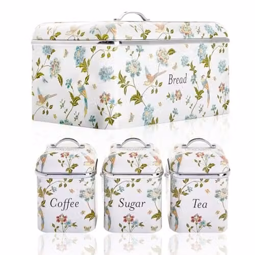 Laura Ashley Bread Bin and Set of 3 Airtight Canisters in White with Floral Print and Stainless Steel Details – 2