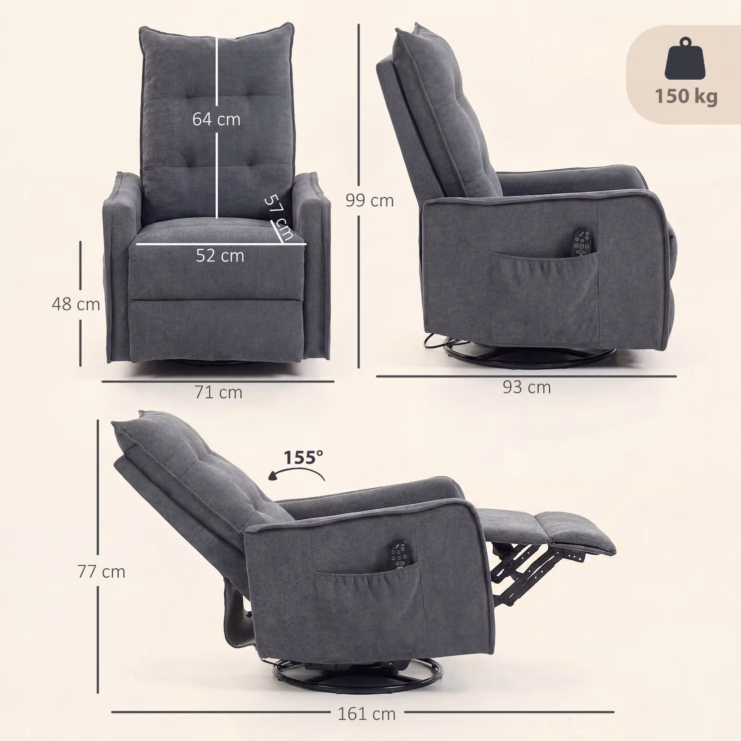 HOMCOM Dark Grey Chenille Recliner Armchair with Massage, Heat and 360 Degree Swivel Rocking Function – 3