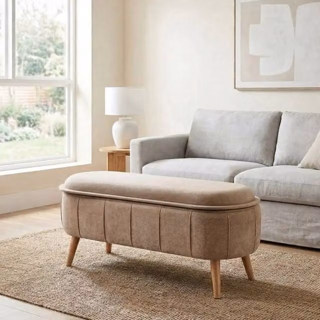 Garden Greatness Chenille Bench Storage Ottoman with Tray Top in Beige and Brown