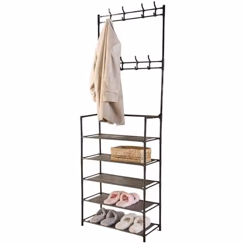 OHS Metal Hallway Coat Stand and Shoe Rack with 16 Hooks, Black, H x W x D: 169 x 64 x 26 cm