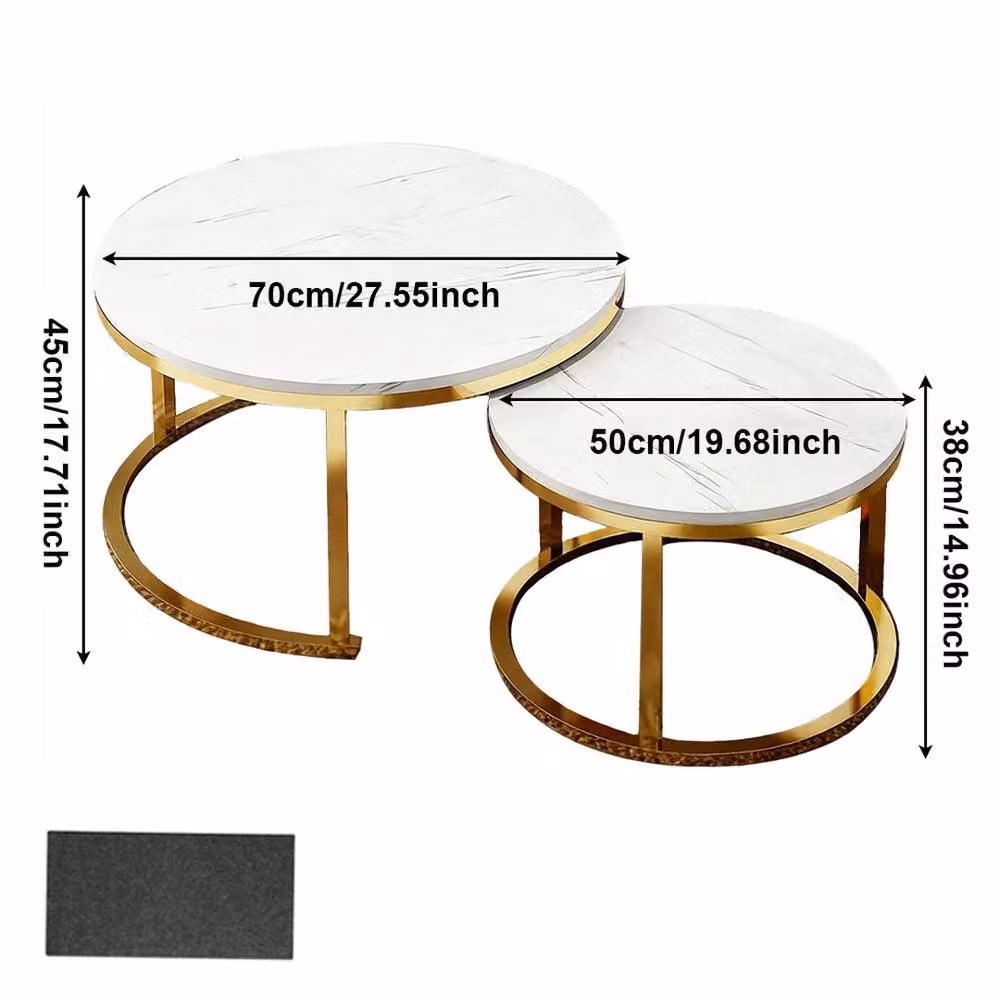Ventryn Set of 2 Round Nesting Coffee Tables in White and Gold with Marble Tops – 2