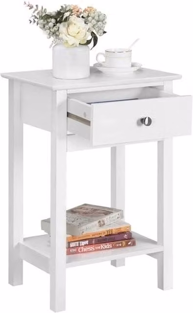 Kelvenix White Wooden Bedside Table with Glass Top in Vintage Style – 1