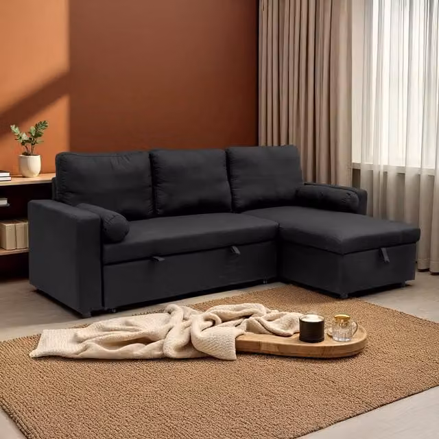 Madefor.living Manhattan 3 Seat L-Shape Corner Sofa Bed Set in Black Fabric
