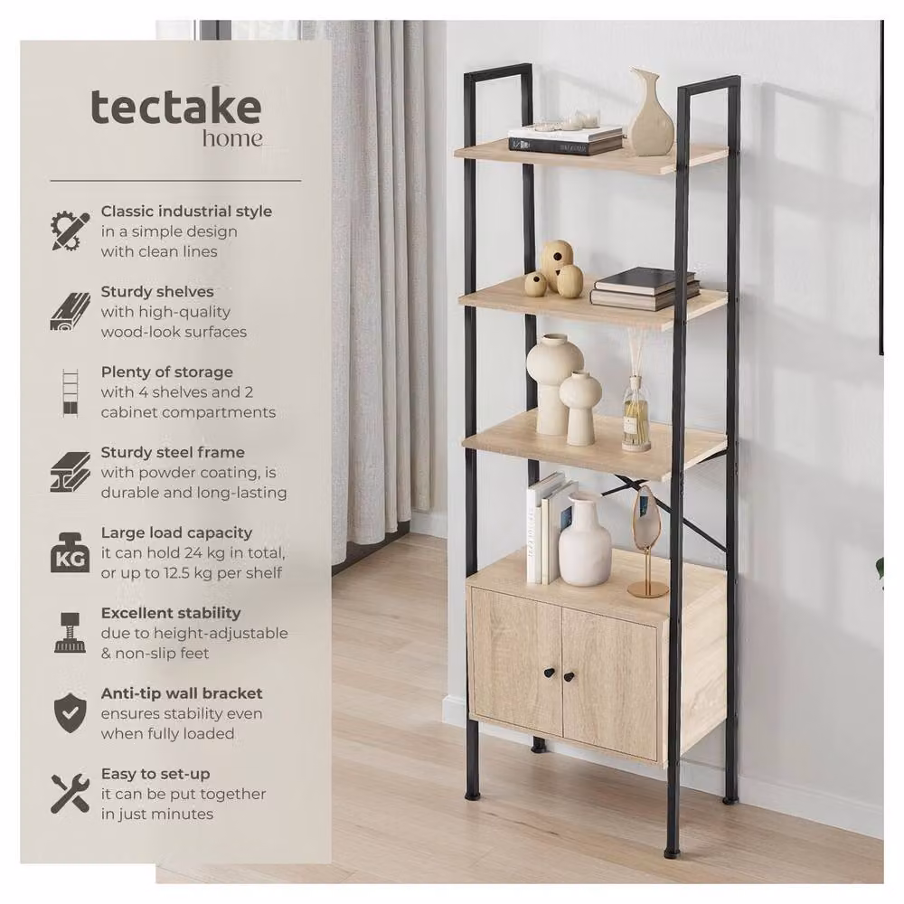 tectake Brentwood Industrial Style Ladder Shelf with 4 Levels and 2 Cupboards in Brown and Black – 2
