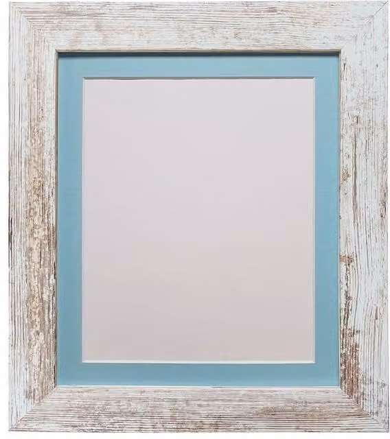 Frames & Mirrors 4U Metro Rectangular Picture Frame in Distressed White with Blue Mount for 9 x 7 Inch Images