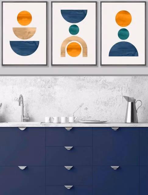 ARTZE Set of 3 Mid Century Abstract Geometric Wall Art in Navy Blue and Orange with Dark Grey Frames, W: 45 cm, H: 62 cm, D: 2 cm