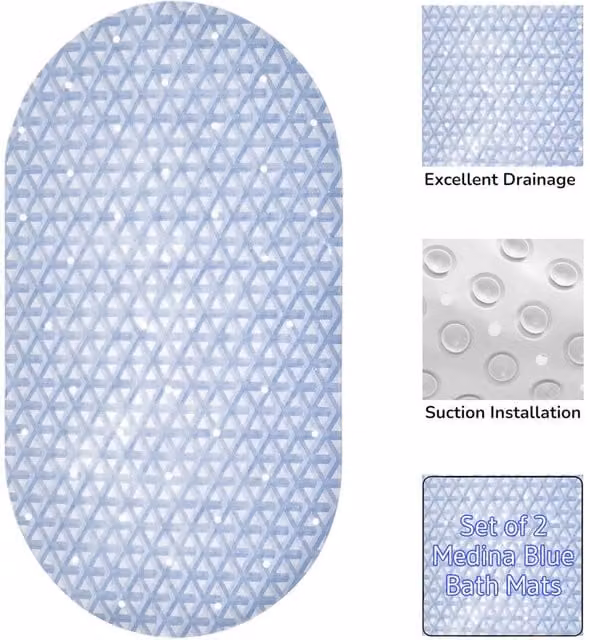 Showerdrape Medina Anti Slip Blue PVC Bath Mat Set of 2, W: 69 cm, D: 36 cm