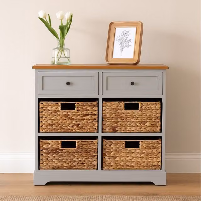 Orsina Rustic Style Grey Cabinet with Two Drawers and Four Baskets, H: 76 cm, W: 70 cm, D: 33 cm – 1