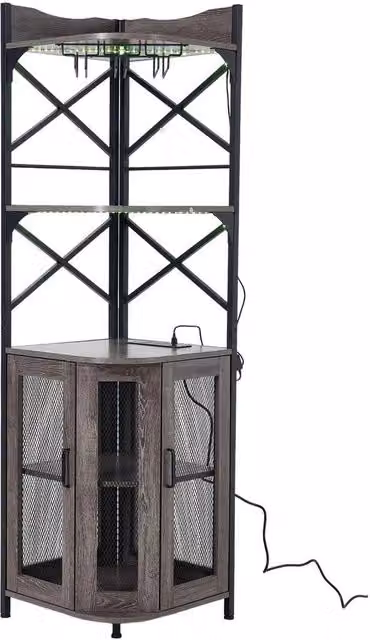 FLAVORA Grey 5 Tier Corner Wine Cabinet with Glass Doors and Integrated Lighting
