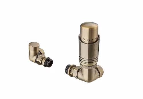 Terma Cylindrical Thermostatic TRV and Lockshield Set with 3-Axis Corner Valve in Antique Brass – 1