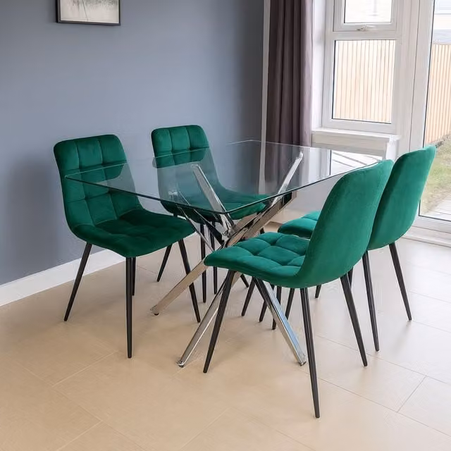 Kosy Koala Modern Rectangular Glass Dining Table Set with 4 Green Velvet Chairs in Brown