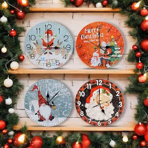 Netagon Christmas Santa and Snowman Design Battery Operated Round Wall Clock in Red – 4