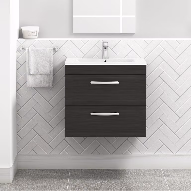 Royal Bathrooms Turin 600mm Wall Hung Vanity Unit in Charcoal Oak with 2 Soft Close Drawers