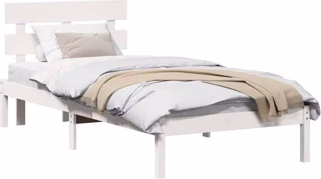 Berkfield Home White Solid Wood Pine Bed Frame with Headboard W/D/H: 100 x 200 x 80.5 cm