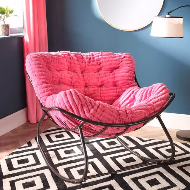 OHS Ribbed Faux Fur Rocking Chair with Metal Frame in Bright Pink