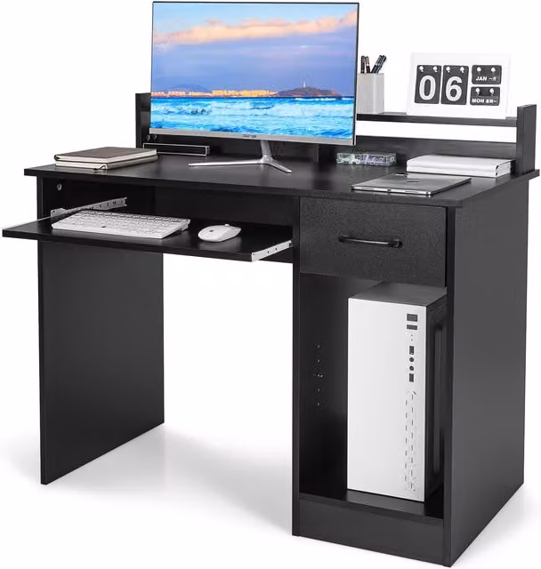 Gymax Modern Computer Desk with Display Shelf and Drawer in Black – 1