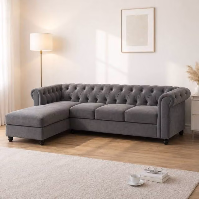 Sofaya Hampton 4 Seater L Shape Chesterfield Sofa in Grey Velvet with Left Hand Chaise – 1