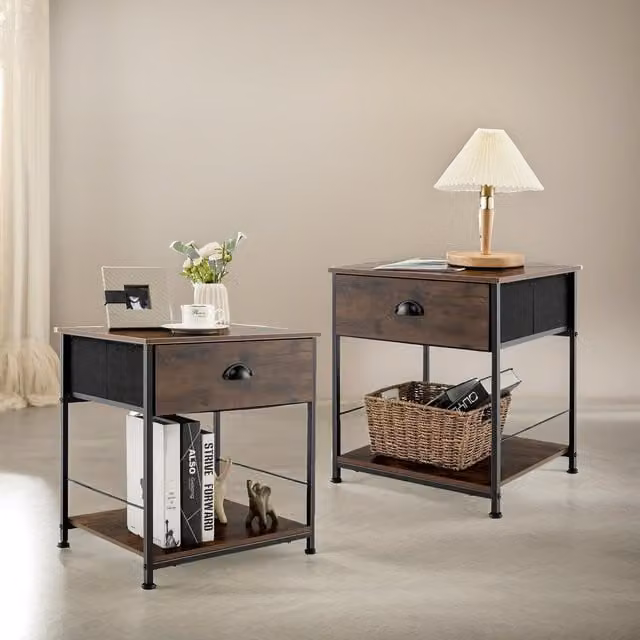 Pirlo Plush Industrial Bedside Tables with Drawer, Set of 2, Brown, W/D/H: 40 x 48 x 52.5 cm – 1