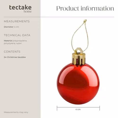 tectake 24-Pack Red Christmas Baubles with Glossy, Matt and Glittery Finishes and Golden Loops – 6