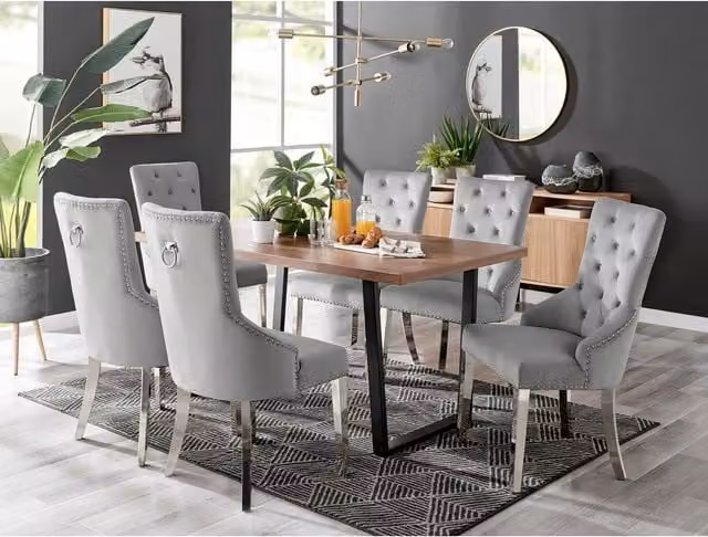 FurnitureboxUK Kylo Brown Wood Effect Rectangular Dining Table and 6 Grey Belgravia Chairs