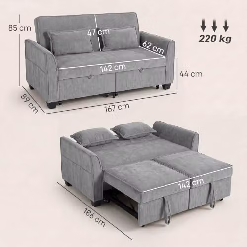 HOMCOM 2 Seater L Shaped Sofa Bed in Grey with Pull Out Drawer and Sleeping Function – 3