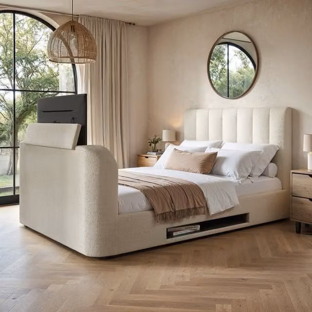 Megane Boucle Upholstered Bed with Lift Up Base and Bedside Shelf in Beige and White, 140 x 200 cm