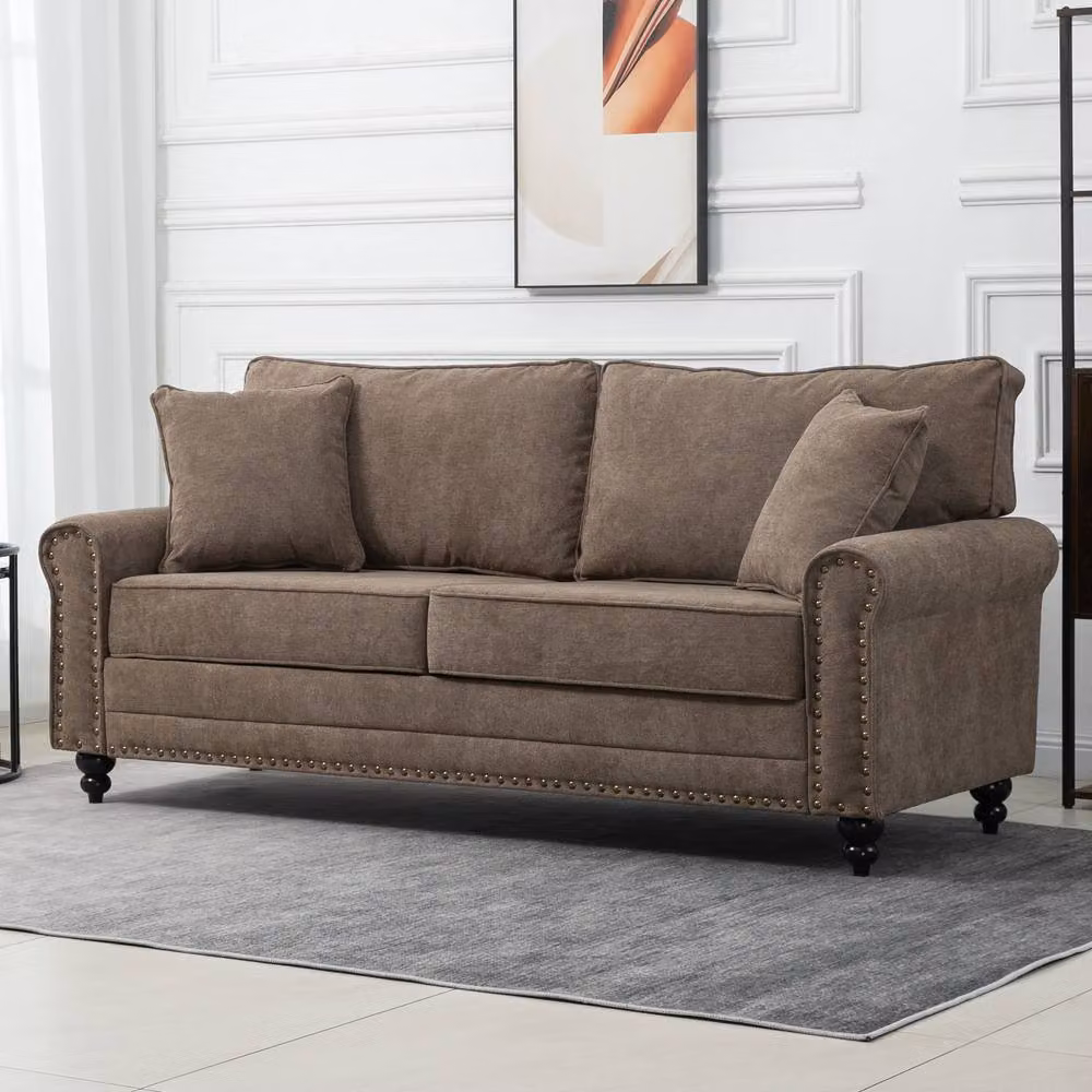 HOMCOM 3 Seater Fabric Upholstered Sofa with Scatter Cushions in Brown – 2