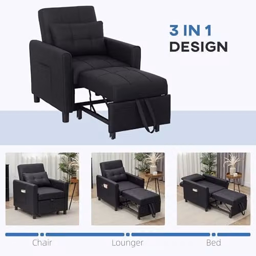 HOMCOM Compact Single Convertible Sleeper Chair Bed in Black with Adjustable Backrest and Side Pockets – 6