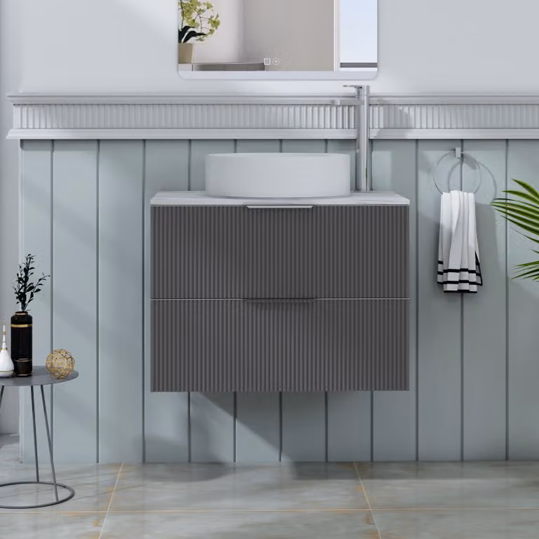Royal Bathrooms Evora 700mm Graphite Grey Fluted Wall Hung Countertop Vanity Unit with 2 Drawers and Art Basin