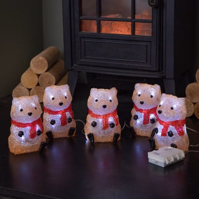 Samuel Alexander Set of 5 White Battery Operated Light Up Christmas Fox Tabletop Ornaments with 40 Cool White LEDs, Height: 14 cm