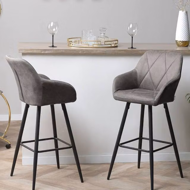 Wyld and Coco Set of 2 Grey Quilted Fabric Bar Stools with Arms – 1