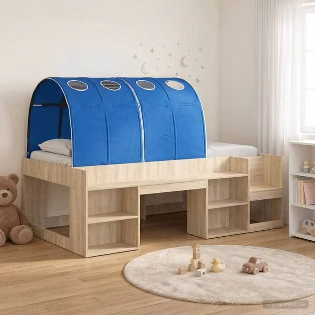 Berkfield Home 3-Piece Childrens Bed Frame with Tunnel in Sonoma Oak and Blue Engineered Wood