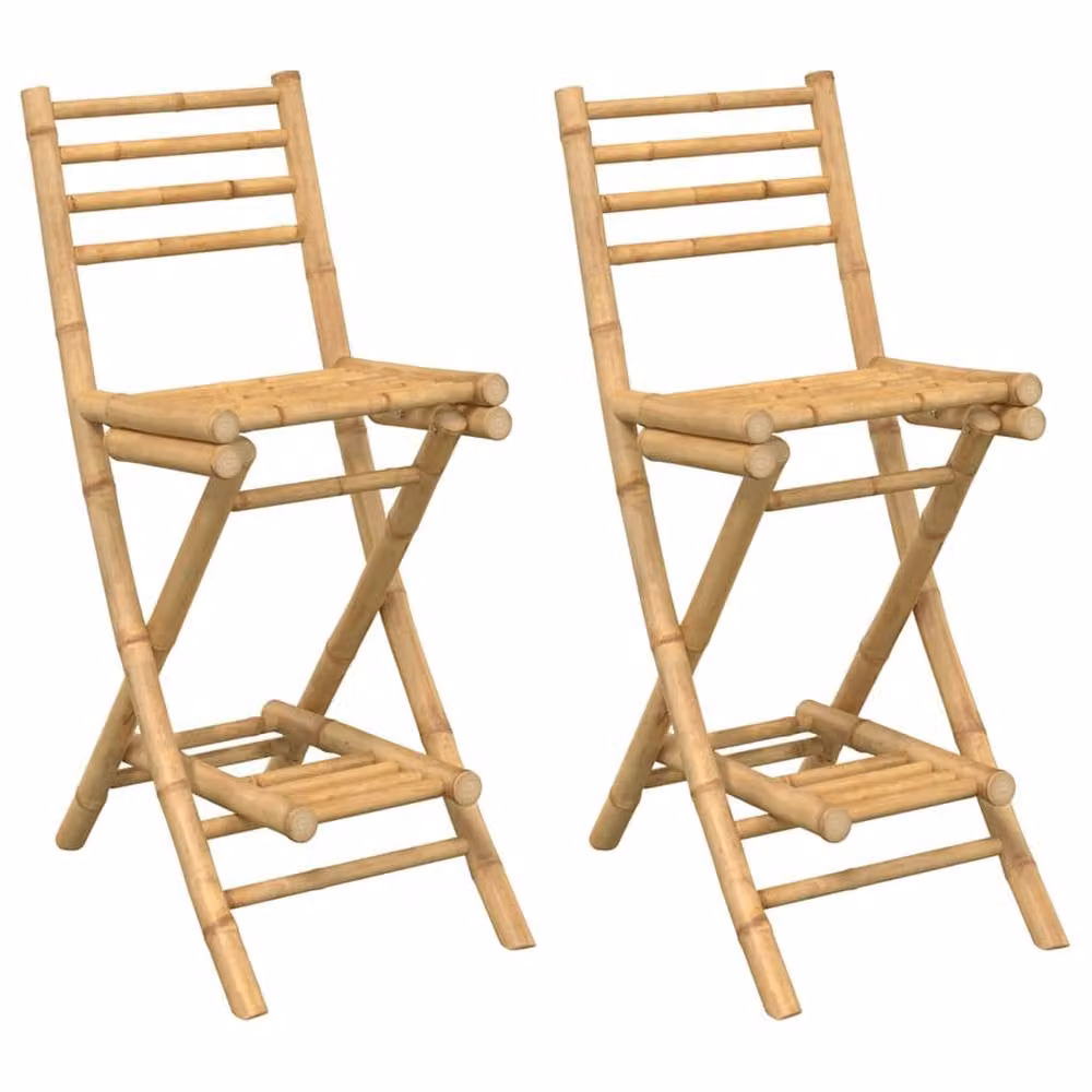 Berkfield Home Set of 2 Foldable Bamboo Outdoor Bar Stools with Footrests in Brown, H 97 cm x W 40 cm x D 40 cm