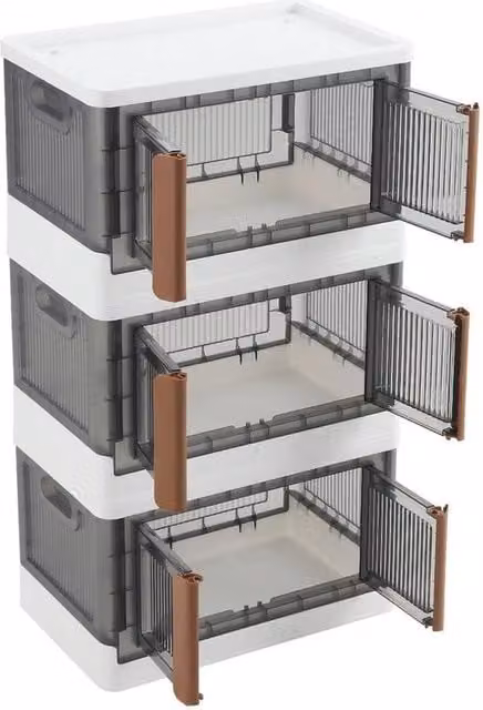 Kelvenix 3-Piece Stackable and Foldable Storage Box Set with Lids, Grey, W: 49 cm, D: 31 cm, H: 87 cm