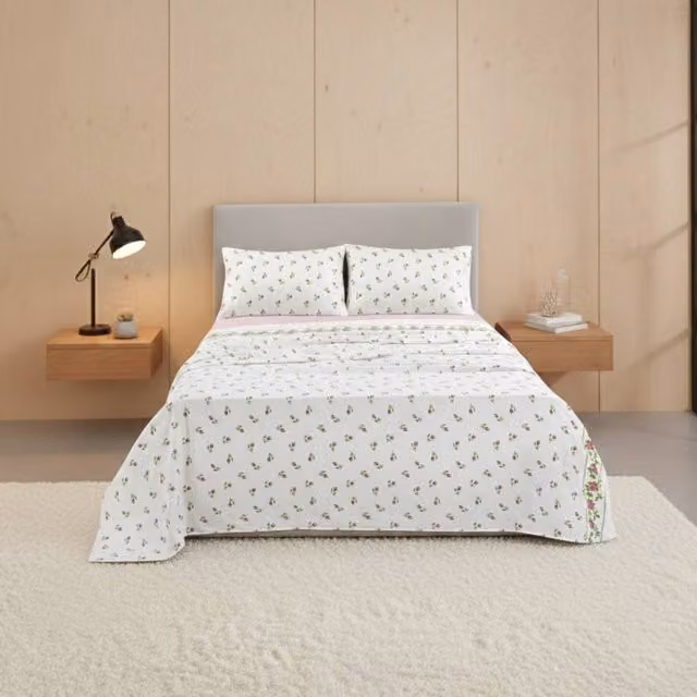 Snug City Pink Floral Brushed Cotton Flannelette Fitted Sheet and Matching Pillowcase Set, W: 140 cm, L: 200 cm – 1