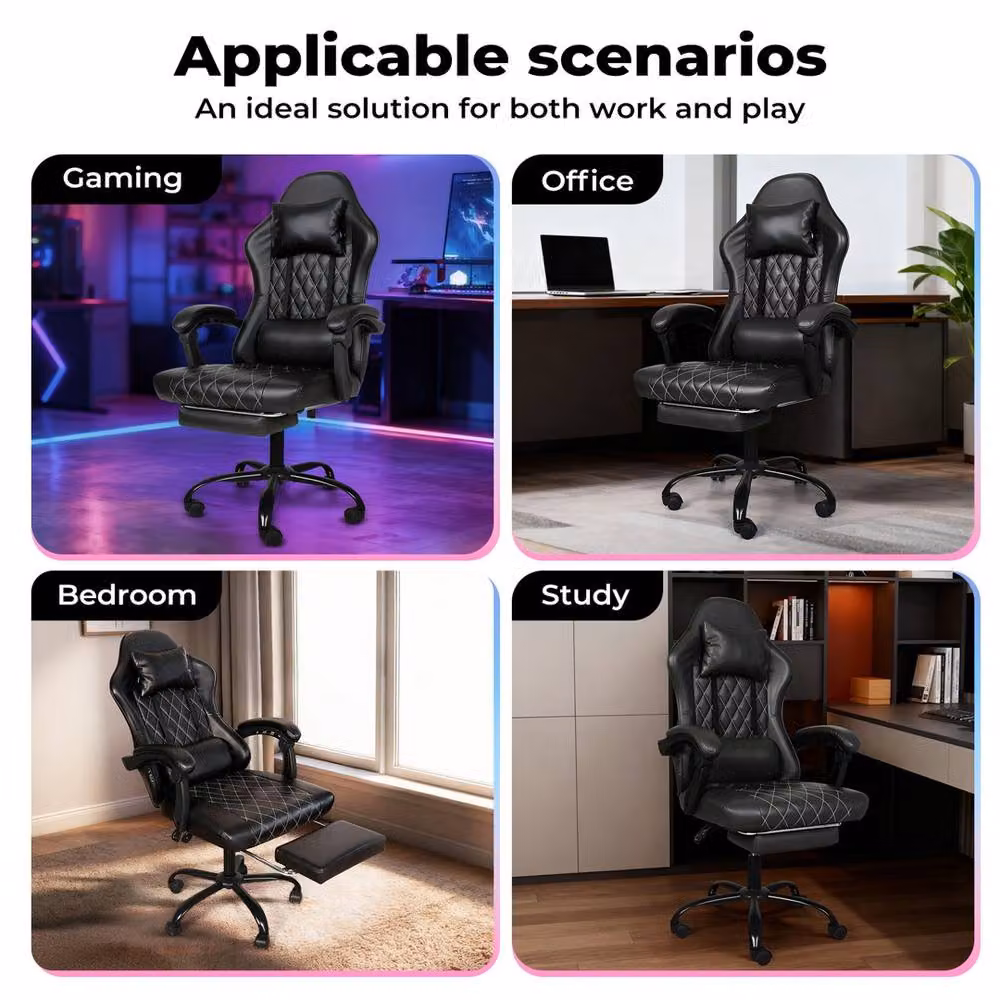 EONLION Black Synthetic Leather Gaming Racing Office Chair with Headrest and Armrests – 5