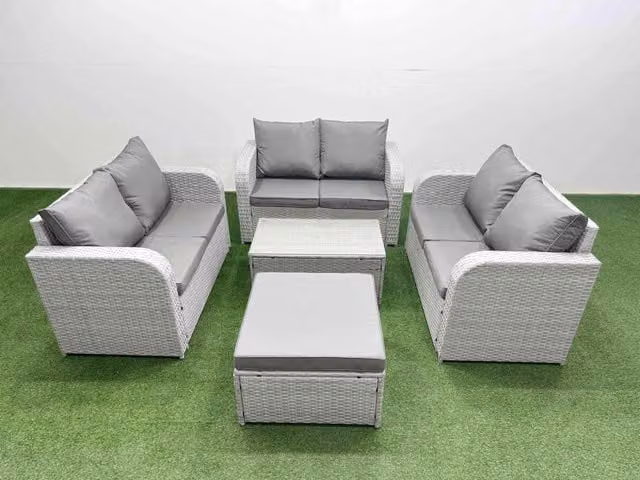 Fimous 7 Seater PE Wicker Rattan Garden Furniture Set in Light Grey with Rectangular Coffee Table, 2 Seater Sofa and Ottoman