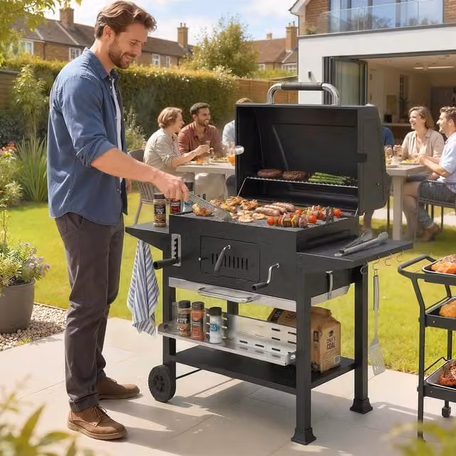 Outsunny Charcoal BBQ Grill with Electric Rotisserie Kit in Black