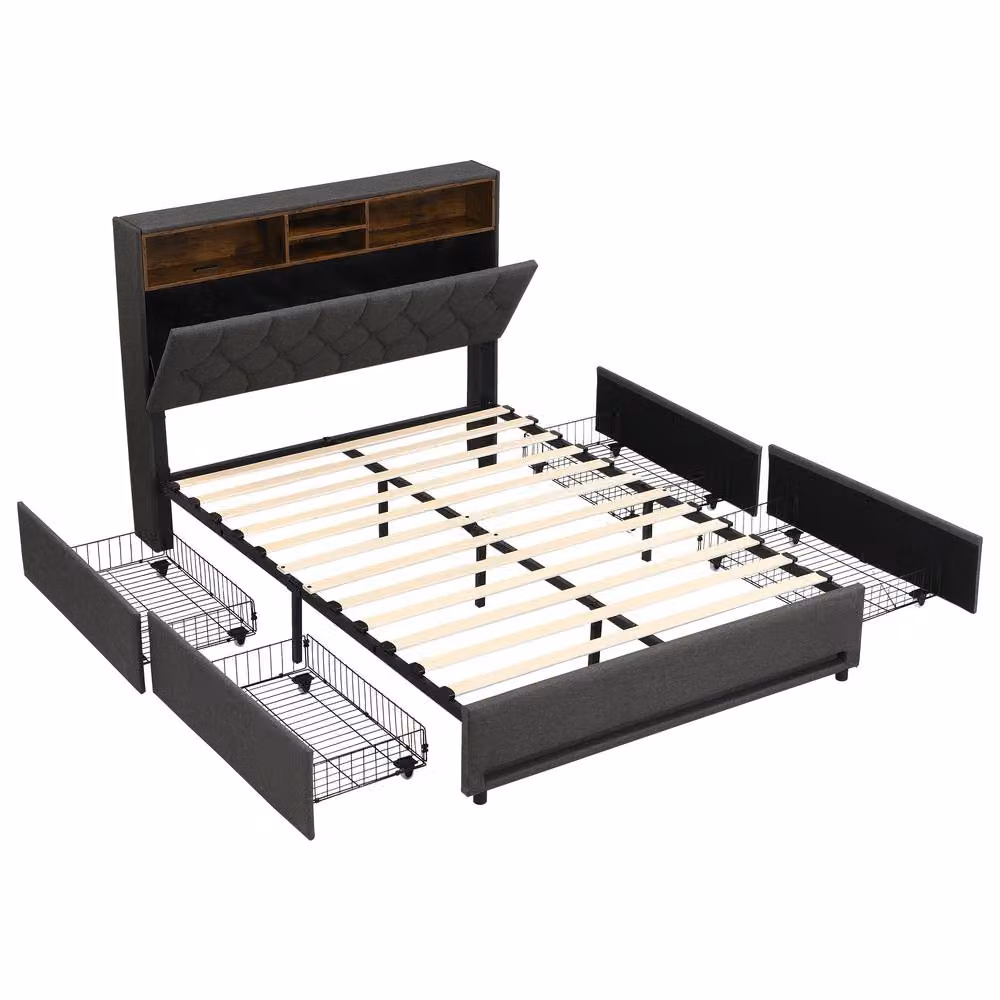 BTM Grey Fabric Double Bed with 4 Storage Drawers, RGB LED Lighting and USB Charging Headboard, W/D/H: 140 x 200 x 48.78 cm – 5