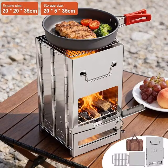 EONLION Portable Folding Stainless Steel Outdoor Camping BBQ Stove in Silver, W: 100 cm