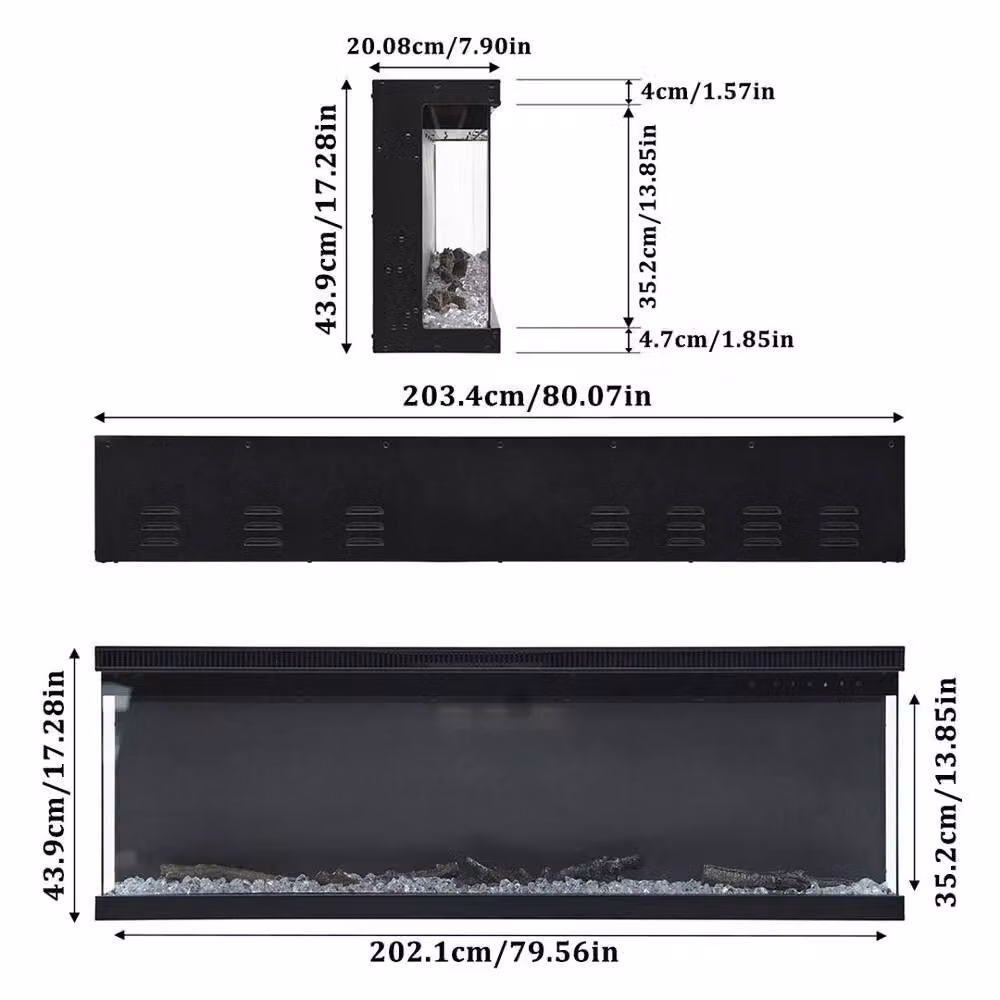 PAWNORA 80 inch 3 Sided Panoramic Electric Fireplace with Glass in Black, W: 203.2 cm, H: 43.9 cm – 2