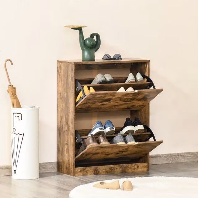 HOMCOM 2 Drawer Shoe Cabinet with Hinged Flip Doors in Rustic Brown