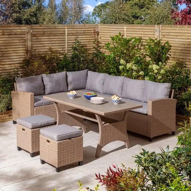 Rowlinson Albany 8 Seater Rattan Garden Corner Sofa Dining Set in Beige and Brown