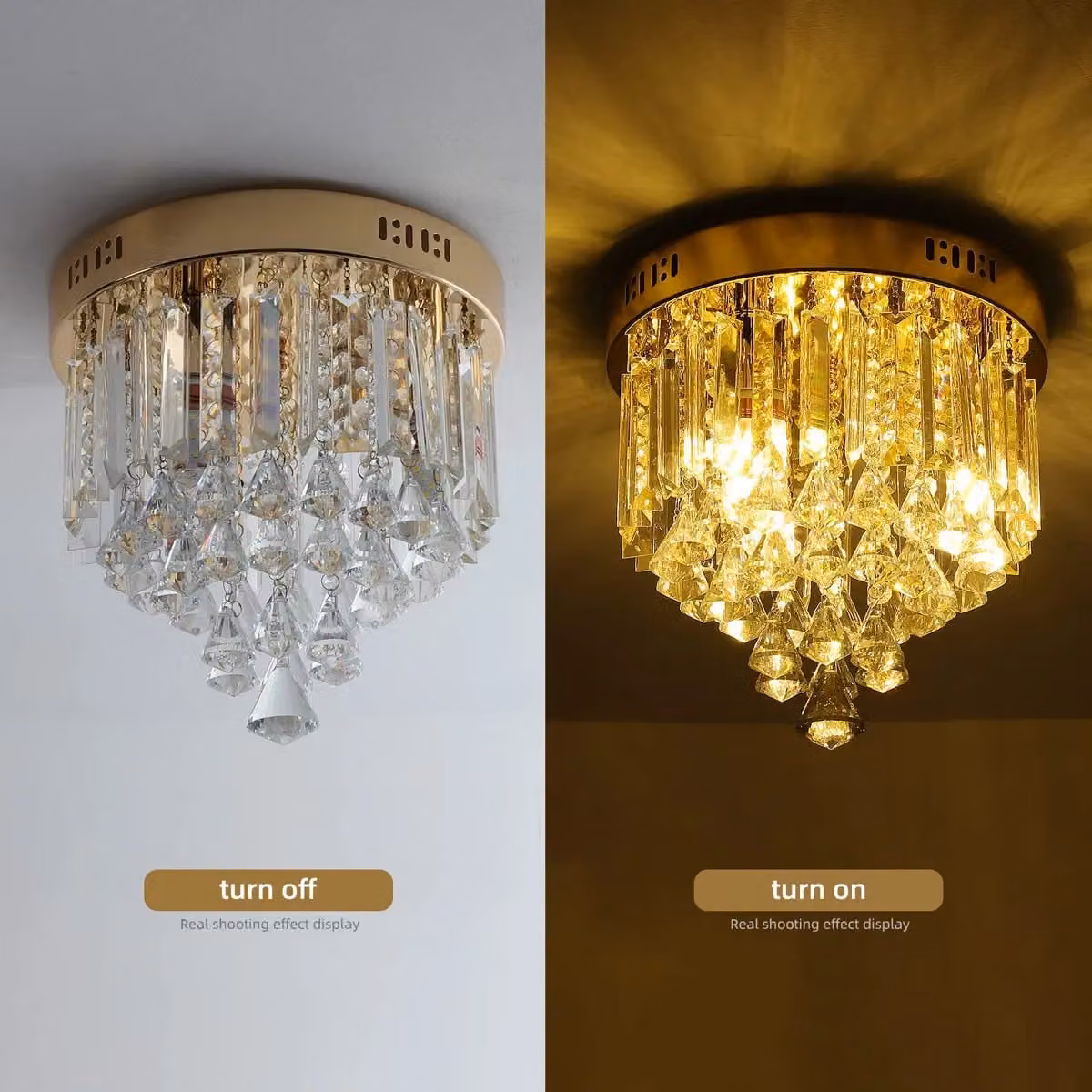 Garwarm 3-Light Crystal Dimmable Flush Mount Ceiling Light in Gold/Brass, Diameter: 28 cm – 5